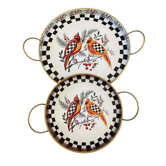 Mackenzie Child's Holiday Cardinal Round Metal Serving Trays, Set of 2 New - Picture 11 of 16